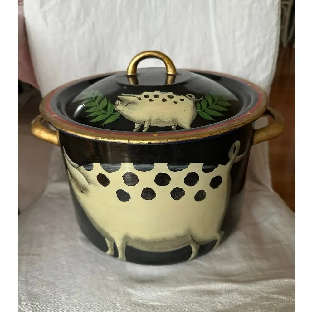 Emma Hunk Hand Painted Enamel Pot PIGS, 2000 vintage black Gold Handles 6.5x10”